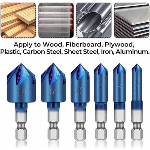 6pcs 6-19mm 5 Flute HSS 90 Degree Countersink Drill Bits +1pc Automatic Center Punch Set for Wood,Particle Boards,Plywood,Panels
