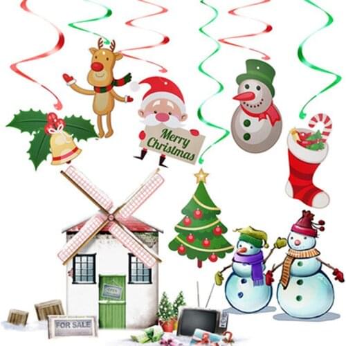 6 Pcs Christmas Foil Spiral Pendant Ceiling Hanging Santa Claus Elk Bell Swirl Banner Christmas Party Home Living Room Decor