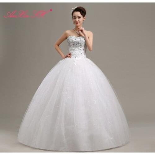 AnXin SH princess flower lace bride party vintage strapless sleeveless beading crystal ball gown lace up white wedding dress