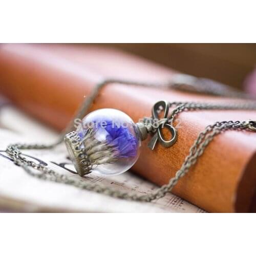 Free shipping !!Beautiful Handmade Round Glass globe Purple Color forget-me-not dry flower necklace/3Color can choose