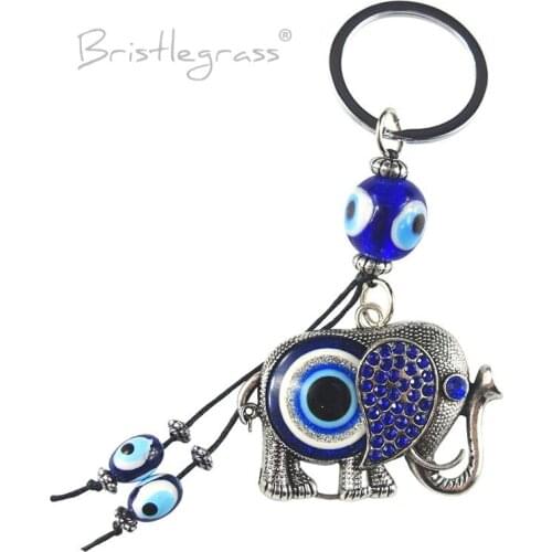 BRISTLEGRASS Turkish Blue Evil Eye Cute Rhinestone Elephant Keychain Key Chains Ring Holder Amulets Lucky Charm Hanging Pendants