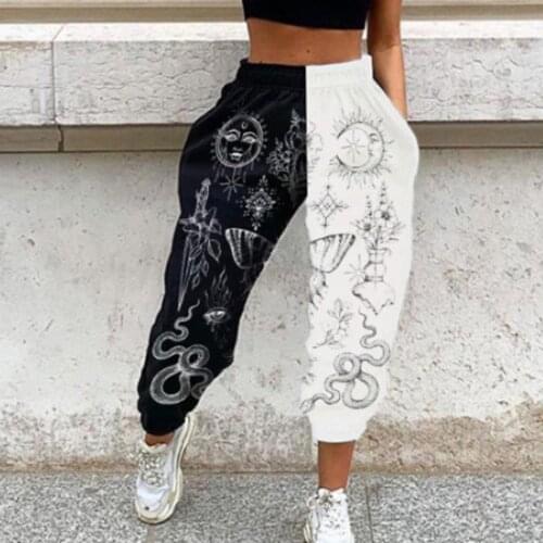 Women Fashion Skull Pattern Print Patchwork Pants Autumn Elastic Waist Pocket Harajuku Sport Trouser Casual Streetwear Sweatpant