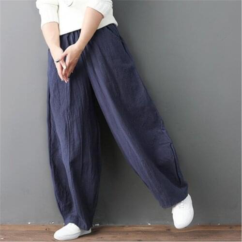 Streetwear Women Wide Leg Pants Cotton Linen Pockets High Waist Pants Lantern Trousers Solid Plus Size M-7XL Khaki Black
