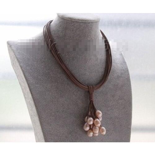 Fast 16" 15row 14mm pink-purple pearls coffee leather necklace magnet clasp e23058676 (A0325)