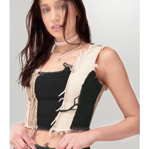 2020 Denim Vest Patchwork Top Short Womens Tube Sexy Brown Crop Halter Neck Streetwear Casual Sleeveless Clothes Party Camisole