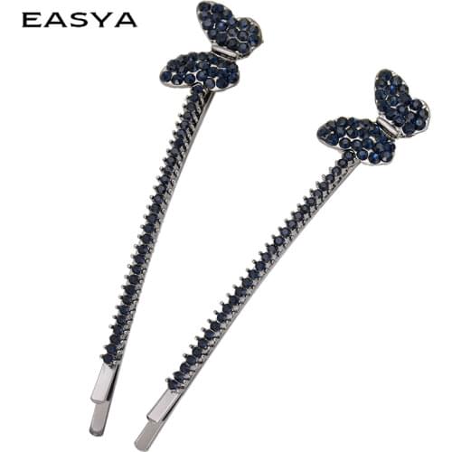 EASYA 2pcs/Set Blue Crystal Butterfly Hairgrips Hot Sell Silver Color Hair Clip Jewelry Gift For Women Girls
