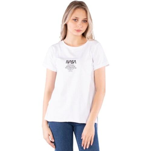 Nasa Printed Side Slit T-SHIRT-White