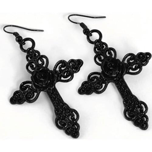 Gothic Cross Earrings with Black Rose Detail Trad Goth Fashion Jewellery unique big pendant women Classical gift beautiful new