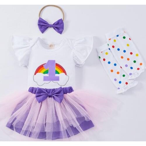 FOCUSNORM 2 Colors Newborn Baby Girls Clothes Sets 4pcs 1st Birthday Ruffles Sleeve Romper Lace Skirts Headband Leg Warmers