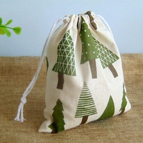 Green Tree Linen Gift Packaging Pouch 9x12cm 10x15cm Pack of 50 Baby Shower Birthday Party Wedding Candy Drawstring Bag