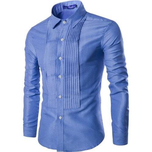 Spring Fall Casual Men Printed Dot Pleated Long Sleeve Cardigan Blouse Shirt , Fashion Slim Fit Male Mens Buttons Shirts Blouses