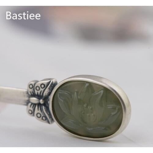 Bastiee 925 Sterling Silver Hair Stick Jade Luxury Chinese Ancient Wedding Jewelry Vintage Hairpins Women Jewellery