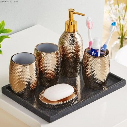 Gold-plated Bathroom Accessories, Toothbrush Holder, Toothpaste Dispenser, Ceramic Lotion Bottle, Marble Tray, Bathroom Supplies