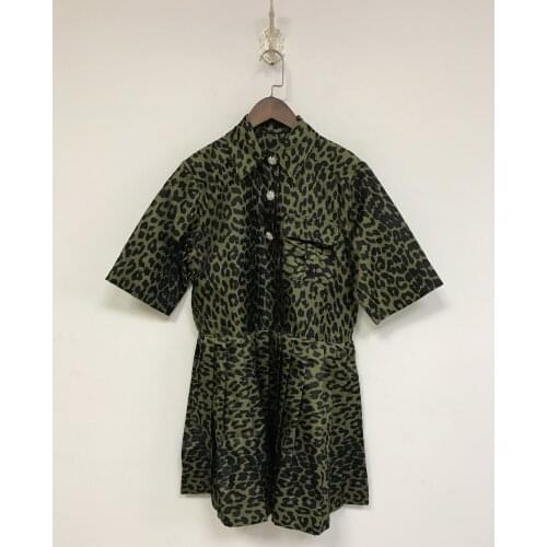 Leopard Jacquard Women Short Dress 2021 New Turn-Down Collar Office High Waist Pleated Mini Dresses Robes With Crystal Buttons