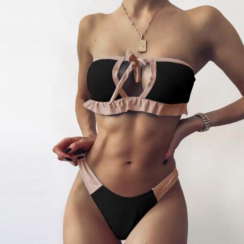 Sexy Swimwear Women High Waist Bikini Set Ruffle Patchwork Two Piece Swimsuit Push Up Hollow Out Swimsuit Strapless Mini Bikini