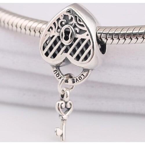 Original Vintage Openwork Love Heart Lock & Key Pendant Bead Fit 925 Sterling Silver Charm Bracelet Bangle Diy Jewelry