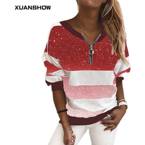 XUANSHOW Autumn Women Loose Sweatshirts Zip Up Stripes Contrast Print Sports & Outdoor Casual Daily Wear Clothes Plus Size S-5XL