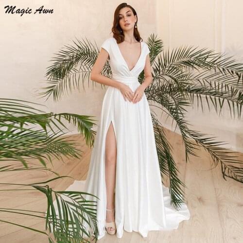 Magic Awn Modest Satin Wedding Dresses Simple 2021 V-Neck Side Split Boho Mariage Gowns A-Line Country Cheap Vestidos De Novia