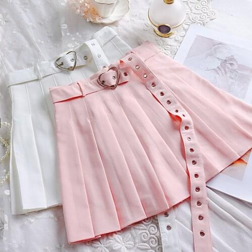 Skirt Spring and Summer Womens Japanese Slim All-match Half Skirt High Waist Love Ring Belt Pleated Kawaii Skirt