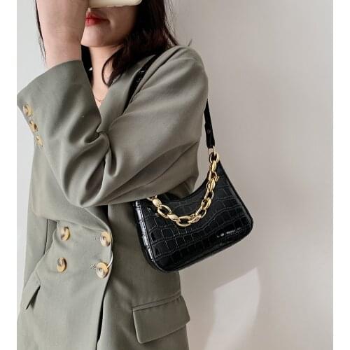 Fashion Alligator Pattern Baguette bags Mini PU Leather Shoulder Bags For Women Chain Designer Luxury Handbag Female Travel tote