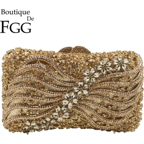 Boutique De FGG Hand-Made Women Crystal Clutch Evening Bags Wedding Party Rhinestones Handbags Ladies Gala Dinner Gold Purses