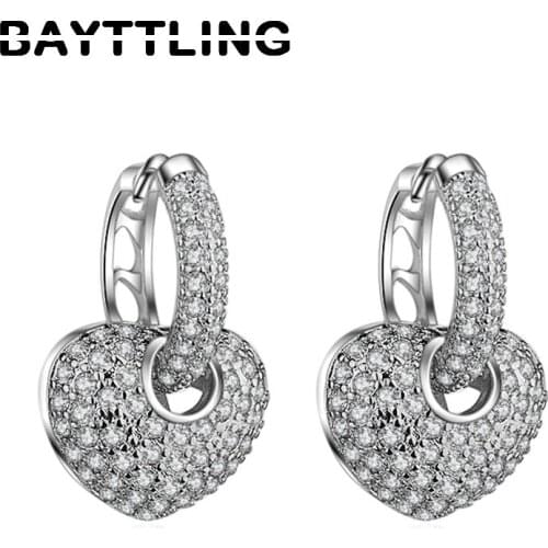 BAYTTLING New 925 Sterling Silver 25MM Full Zircon Luxury Heart Drop Earrings For Woman Fashion Wedding Charm Jewelry Gift