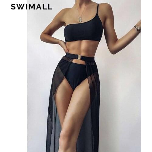 One Shoulder Bikini 2021 Solid Swimsuit Women Swimwear Three-piece Bikini Set Bather Bathing Suit High Waist Swimming Suit