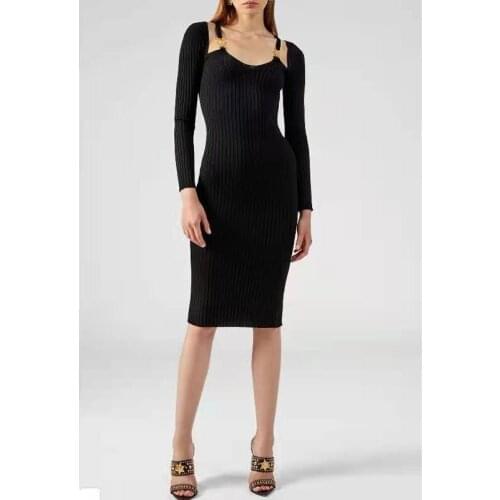 2021 Women Hollow Out V-neck Slim Party Dress Long Sleeve Rib Knitted Sexy Off Shoulder Metal Straps Mini Dress