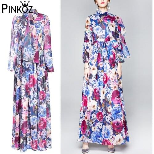 Pinkoz Designer Floor Length Summer Women Fashion Floral Print Wrist Sleevel Long Maxi Boho Dress Lady Holiday Dresses Vestidos