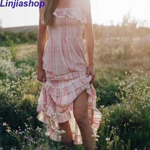 Womens Casual Plaid Ruffle Spaghetti Strap Long Cotton Dress Summer Streetwear Holiday Midi Dress Ladies Vestidos