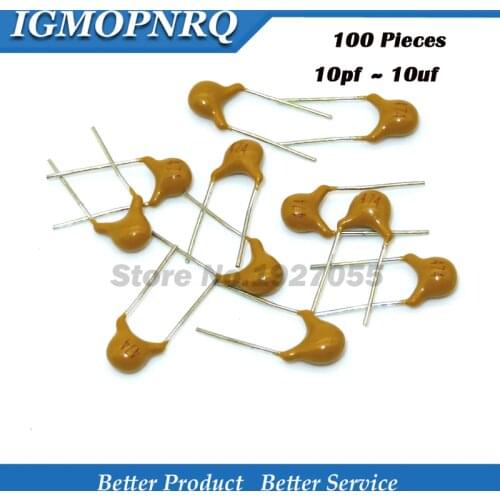 100Pcs 10PF ~10UF 22PF 47NF 220NF 1NF 4.7UF 1UF 100NF 330NF 0.1UF 102 104 105 106 103 473 334 High quality monolithic capacitors