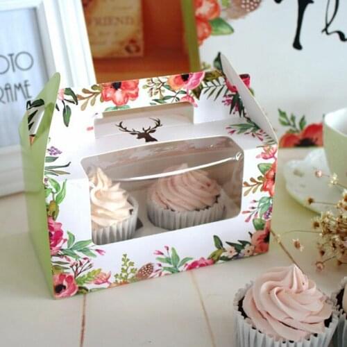 20pcs Flower Printed Double Pack Cupcake Box with Handle Birthday Party Cupcake Box and Packaging for Cup Cake Wedding Cake Box