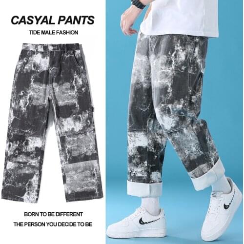 2021 young mens new trendy brand tie-dye loose straight-leg jeans fashion casual plus size 100% cotton wide-leg pants