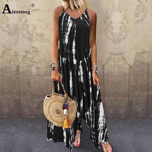Aimsnug Sleeveless Vintage Long Maxi Dress Plus size 5xl Women Fashion Tie Dry Sundress A-line Beach Vestido Femme Retro Dresses
