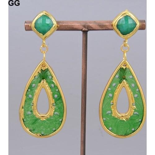 GuaiGuai Jewelry Green Jades Carved Teardrop Shape Electroplated Edge Stud Earrings For Women