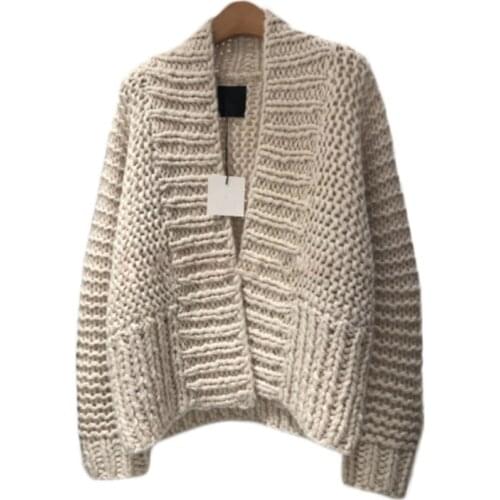 V-neck Thick-knit Cardigan Open Stitch Loose Long-sleeved Sweater Striped Crocheted Coat Hand Knitted Jacket Solid Color Tops