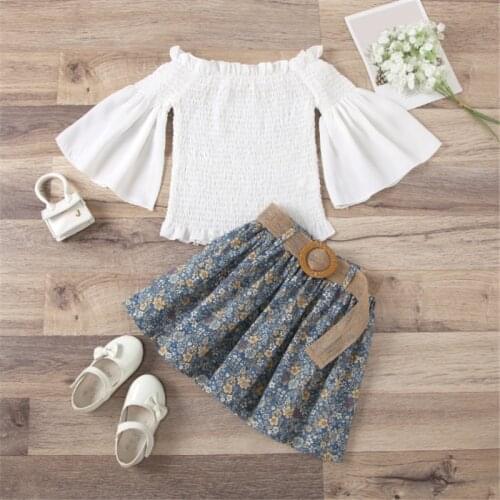 1-6Y Summer Fashion Toddler Kids Baby Girl Clothes Sets Flare Sleeve Solid Tops Flowers A-Line Skirts+Belt Outfit