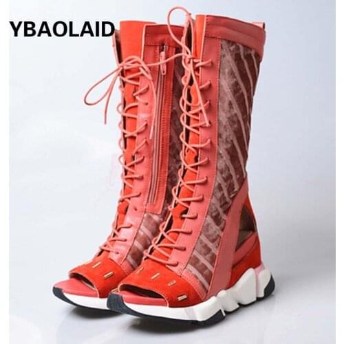 Color-blocking Open-toed Leather Lace Hollow Cross-strap Wedge Heel Heightening All-match Casual Sports Mid-tube Sandals