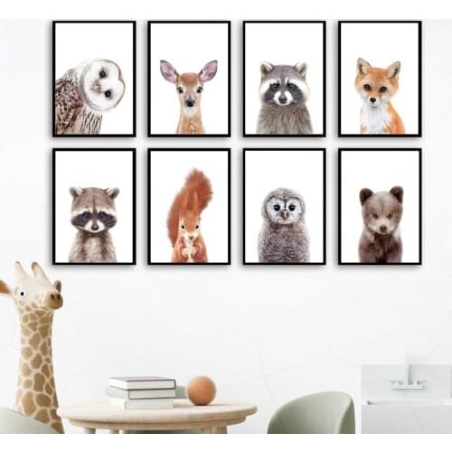Woodland Animals Bear Deer Fox Raccoon Owl Nursery Wall Art Print Canvas Painting Nordic Poster Decor Pictures Baby Kids Room