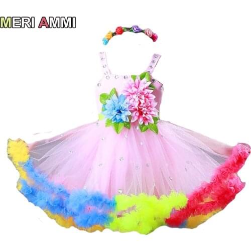 MERI AMMI Children Girl Clothing Set Colorful Floral TuTu Party Stage Show Dancing Dress For 4-15 Year Kids Free Flower Headband