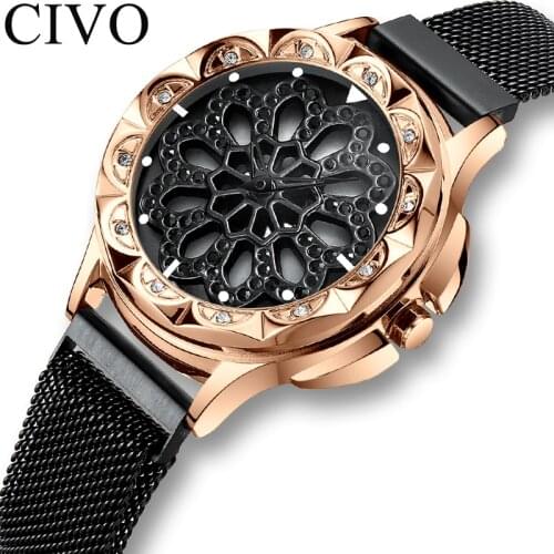 CIVO Fashion Watch Diamond Rotating Dial Woman Waterproof Watch Mesh Strap Analogue Ladies Dress Quartz Watches Relogio Feminino