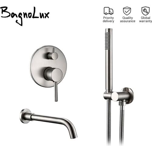 Bathtub Mixer Tap Set Shower Hot And Cold Bathroom Faucet Brushed Stanless Steel Diverter With Wall Mount Spout Handheld Hose