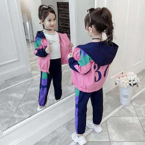 Autumn Kids Girls Clothing Set Fashion 37 letter printing Windbreaker waterproof Jacket & Pants Girls Clothes Set 6 8 10 12 year