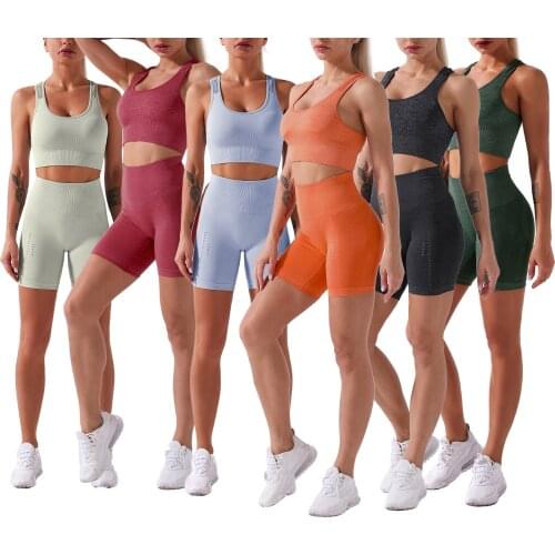 Sexy Womens Sportswear Two Piece Set, Seamless Solid Color Yoga Bodybuilding Elastic Suit For Female New Style 2021