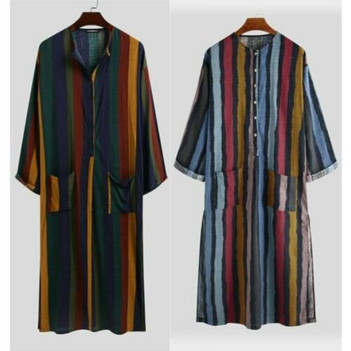 Fashion Mens Onesie Striped Sleep Robes Button Nightgown Man Loose Homewear Cotton Bathrobe Men Long Sleeve Jumpsuit Sleepwear