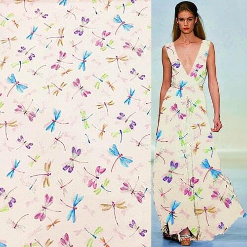 Colorized dragonfly print stretch silk Crepe DE chine fabric 140cm width,SCDC945