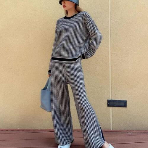 Luxury Designer 2 Piece Set Women Tracksuit Autumn Houndstooth Knitted Pullover Sweater + Pant Suits Casual Sweat Suit Set