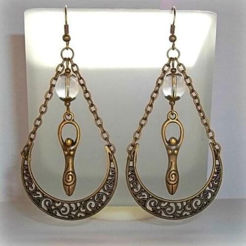 Moon Goddess Earrings Clear Quartz Bronze Goddess Earrings