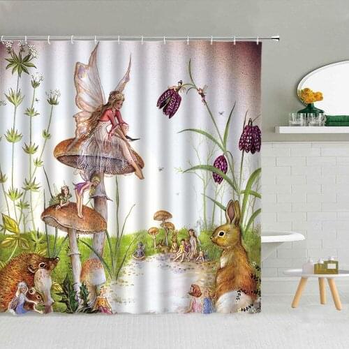 Fairytale Forest Scenery Shower Curtain Elf Girl Rabbit Mushroom Flower Kids Dream Bathroom Decor Waterproof Fabric Curtains