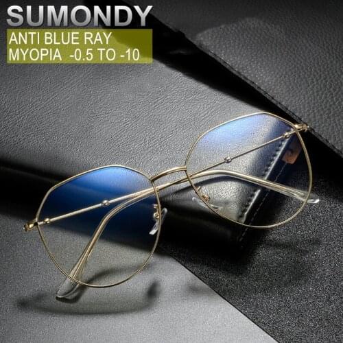 SUMONDY Anti Blue Ray Myopia Glasses Prescription -0.5 TO -10 Women Men Metal Irregular Polygon Spectacles For Nearsighted UF115
